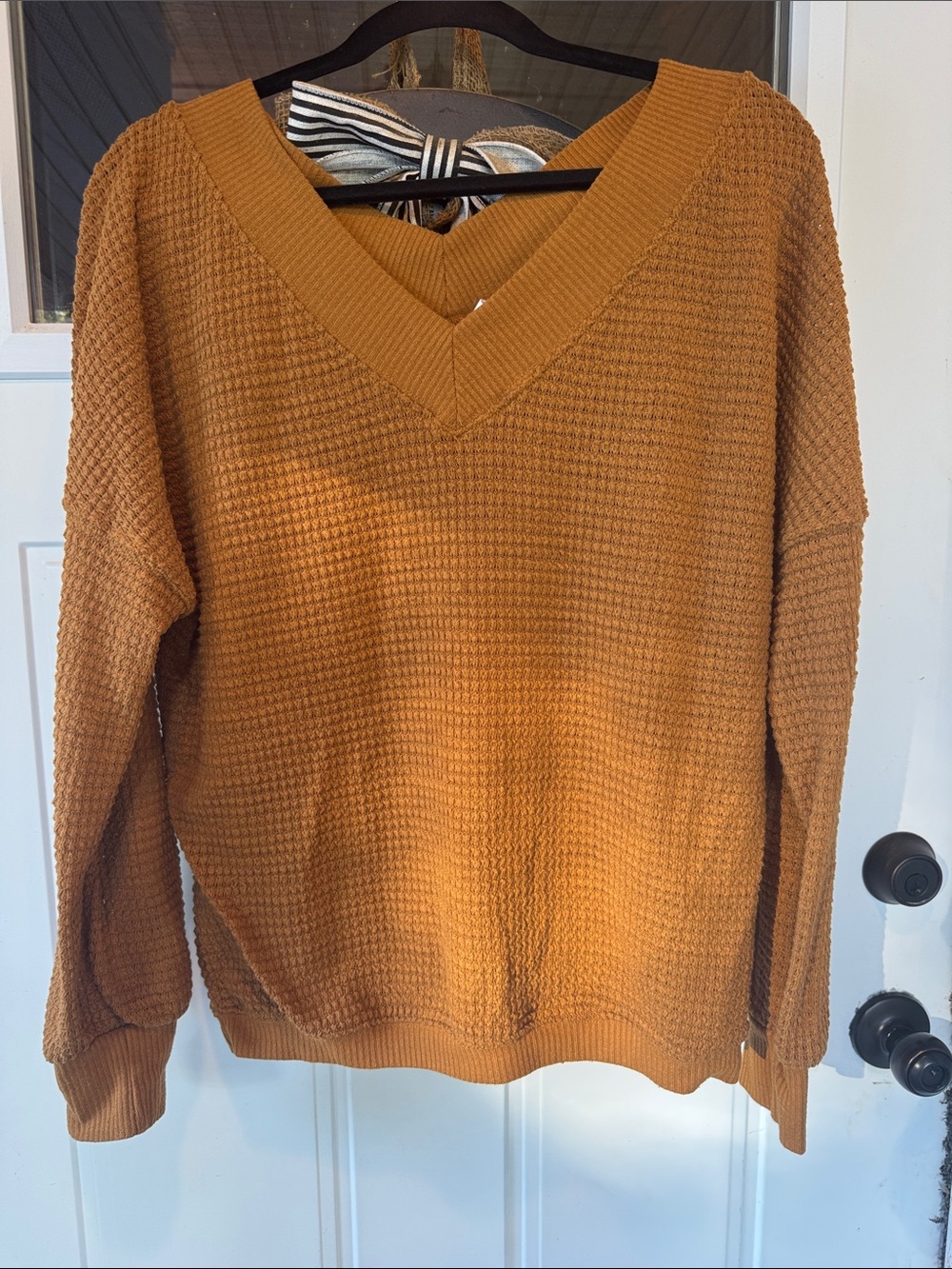 Wishlist V-Neck Waffle Knit Sweater in Mustard